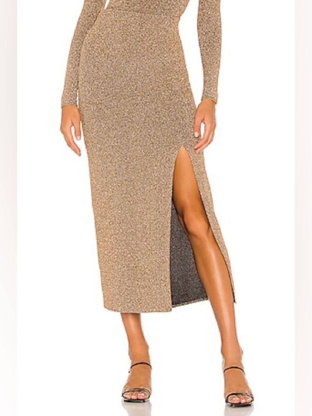 Show Me Your Mumu Miracle Midi Skirt in the Metallic Gold Shinny Shine color